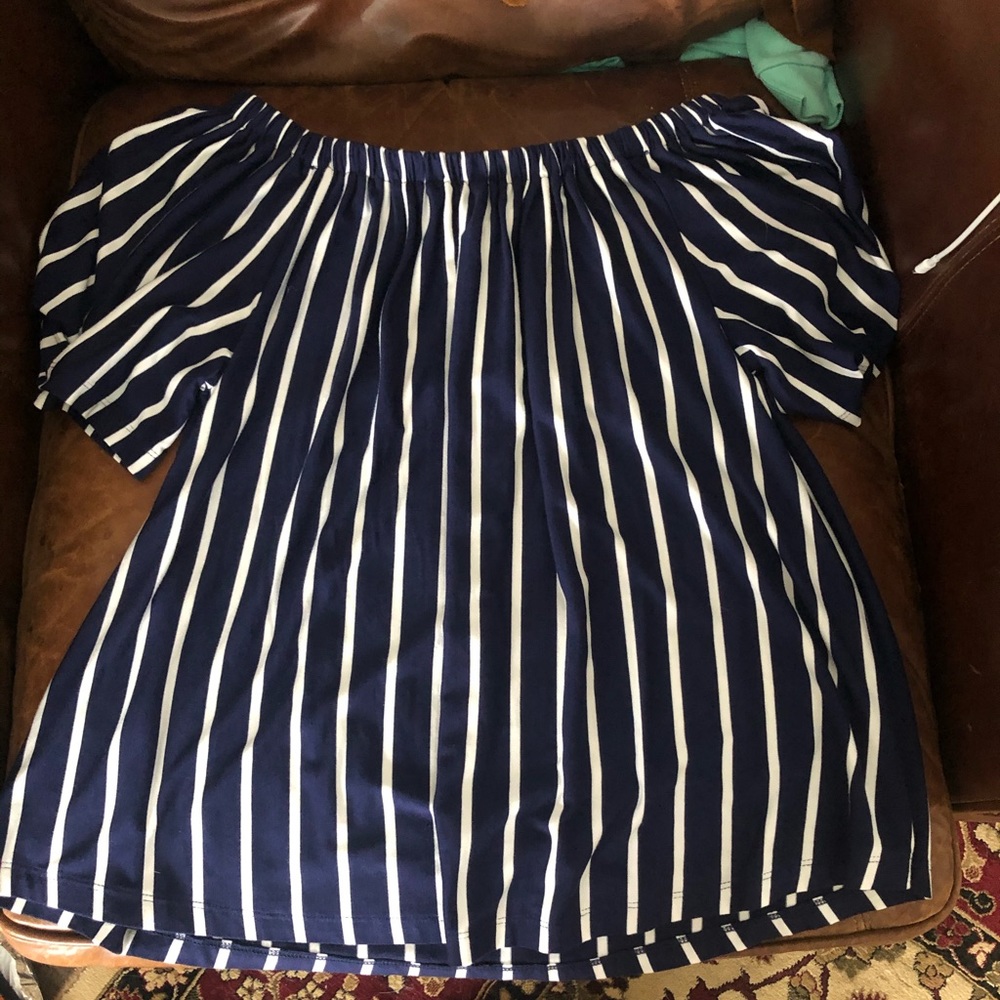 Navy and white stripe, off the shoulder top